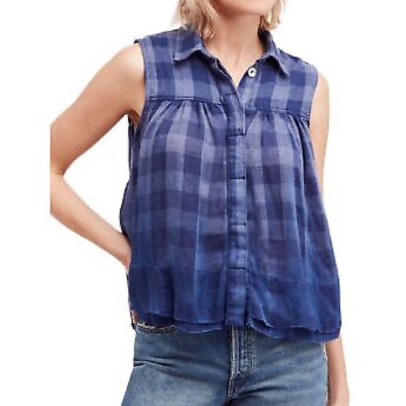 Free People Hey There Sunrise Button Down Gingham Sleeveless Shirt Blue M - Picture 4 of 15